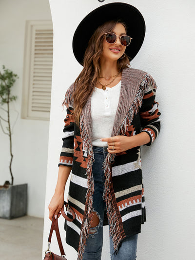 Women's fringed geometric jacquard sweater cardigan