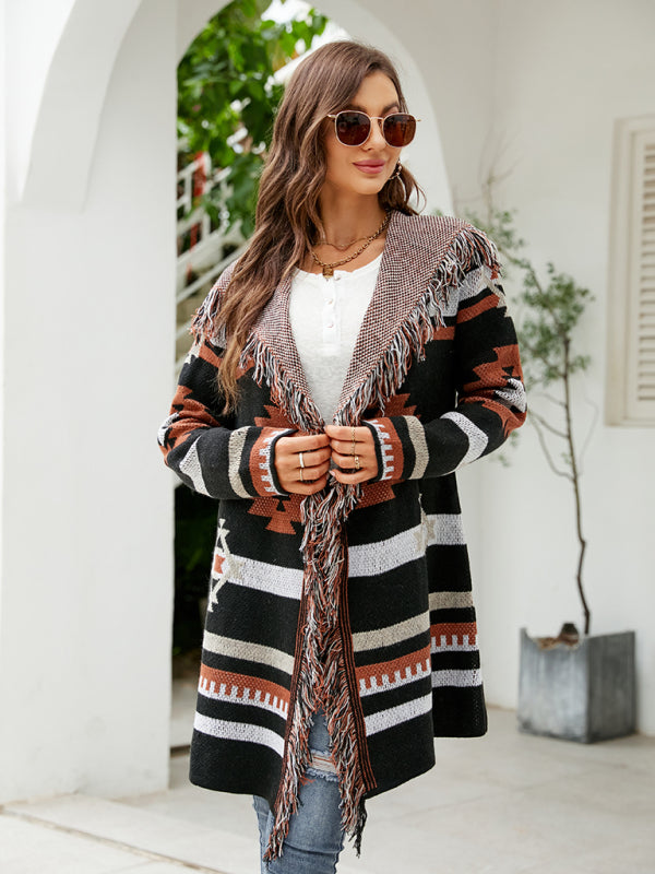 Women's fringed geometric jacquard sweater cardigan