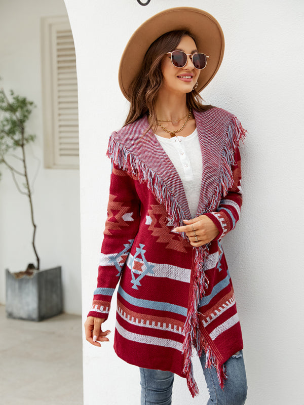 Women's fringed geometric jacquard sweater cardigan