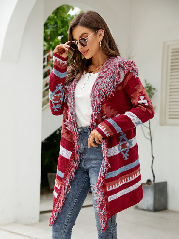 Women's fringed geometric jacquard sweater cardigan