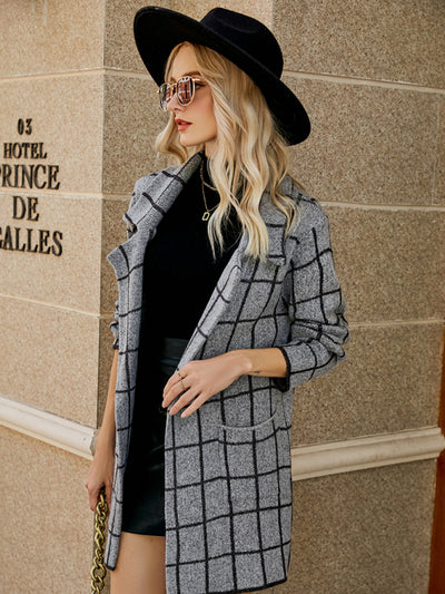 Women's houndstooth lapel knitted cardigan