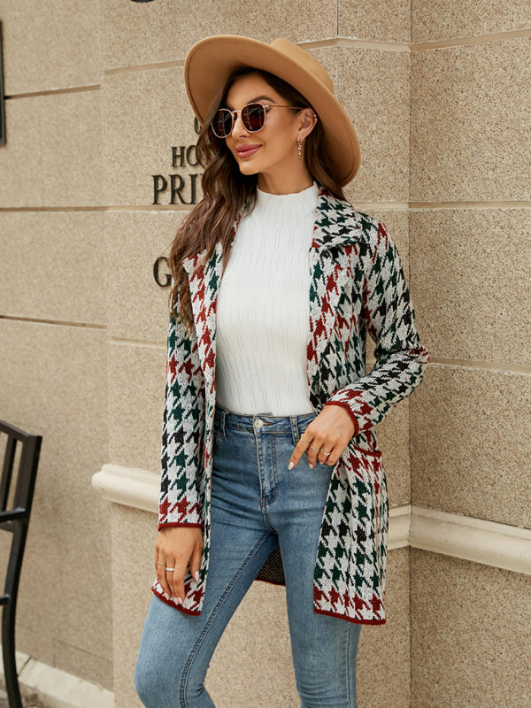 Women's houndstooth lapel knitted cardigan