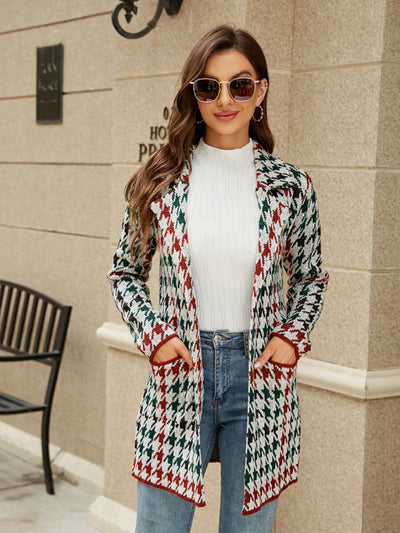 Women's houndstooth lapel knitted cardigan