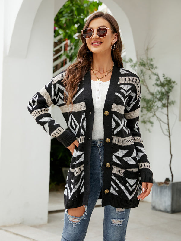 Women's Diamond Loose Jacquard Knitted Cardigan