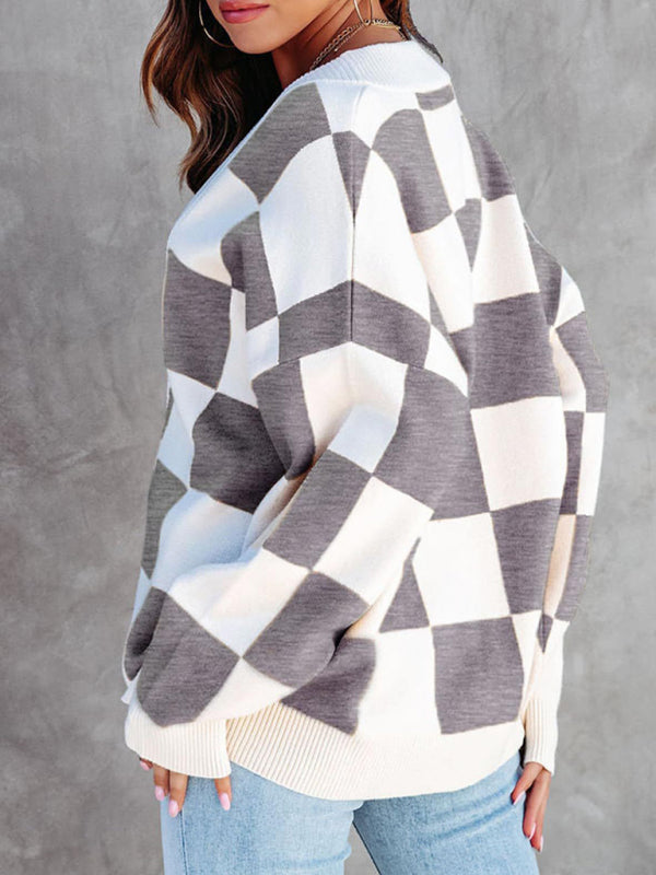 Women's Checkerboard Casual Loose Button Cardigan