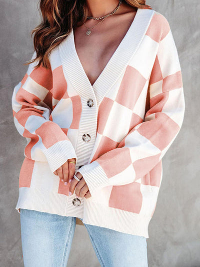 Women's Checkerboard Casual Loose Button Cardigan