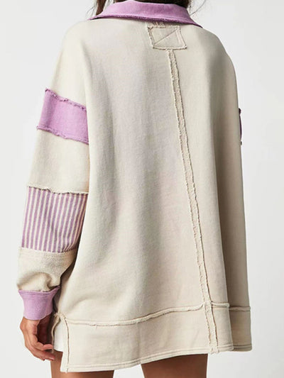 Women's loose V-neck casual long-sleeved patchwork sweatshirt