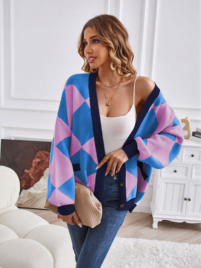 Women's V-neck geometric splicing casual loose jacket cardigan