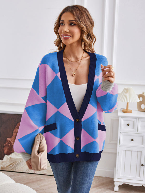 Women's V-neck geometric splicing casual loose jacket cardigan