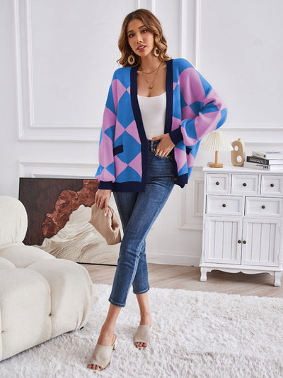 Women's V-neck geometric splicing casual loose jacket cardigan