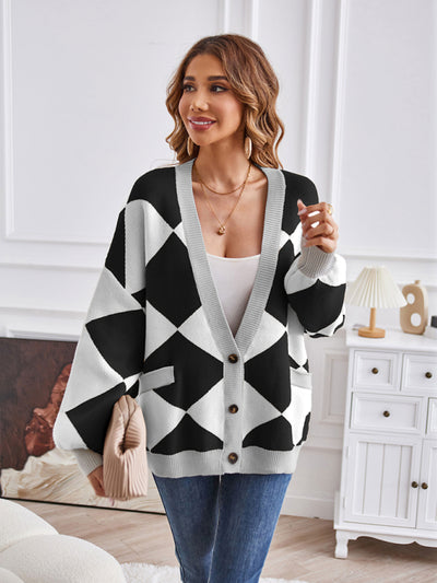 Women's V-neck geometric splicing casual loose jacket cardigan