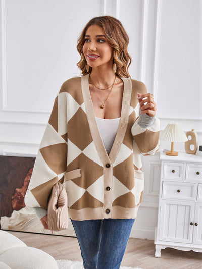 Women's V-neck geometric splicing casual loose jacket cardigan