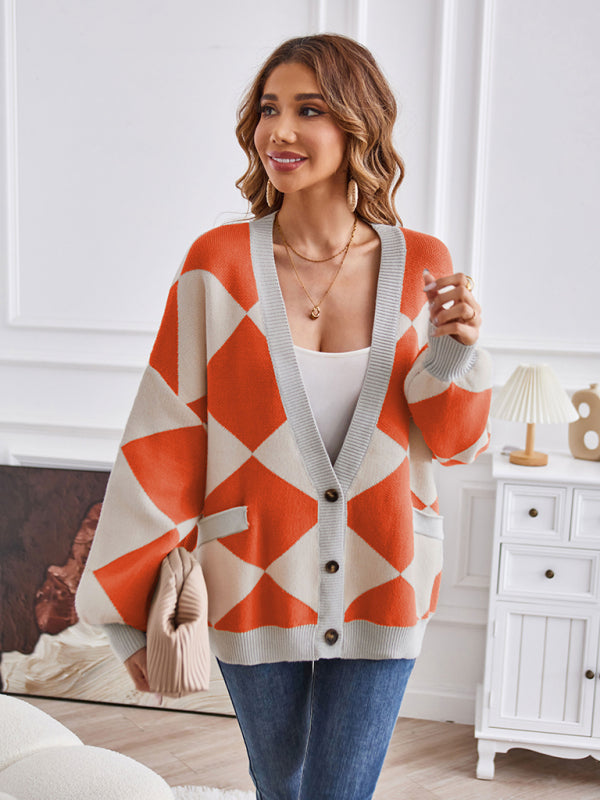 Women's V-neck geometric splicing casual loose jacket cardigan