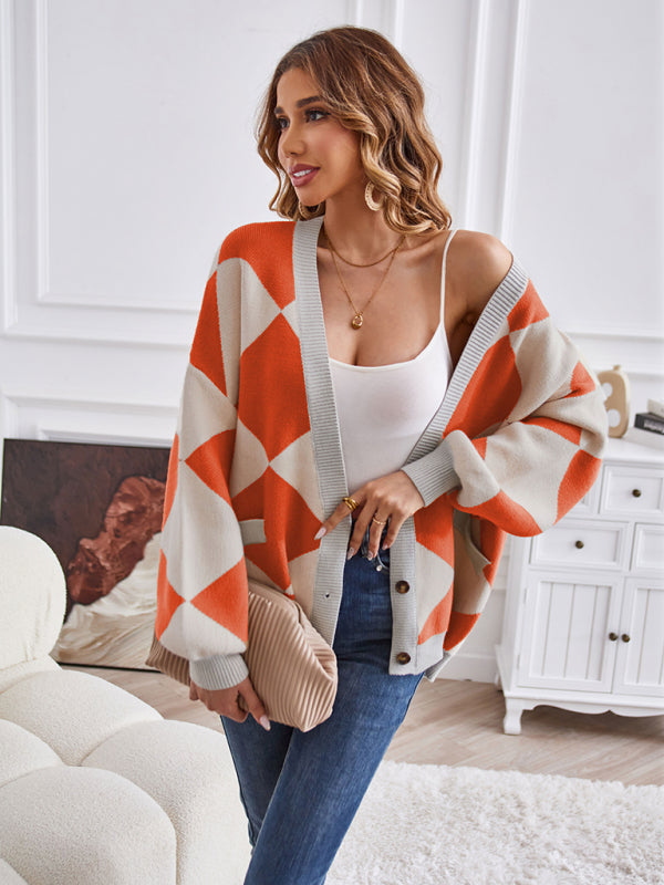 Women's V-neck geometric splicing casual loose jacket cardigan