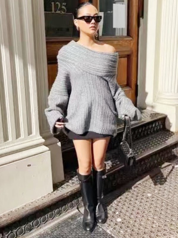 New style one-line collar loose knitted sweater sexy long-sleeved casual sweater