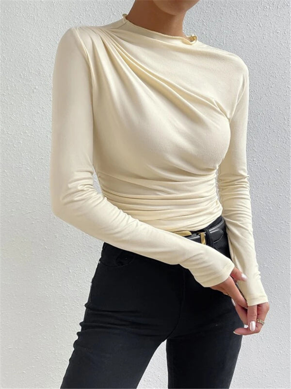 Solid color slim fit versatile ruffled design long-sleeved T-shirt women's top