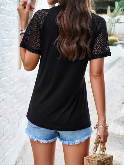 Women's elegant round neck lace short-sleeved top