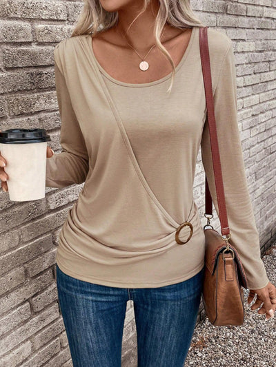 Round neck buckle pleated waist fashionable women's top