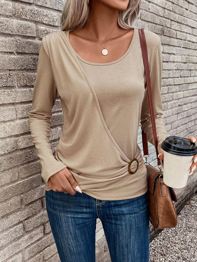 Round neck buckle pleated waist fashionable women's top