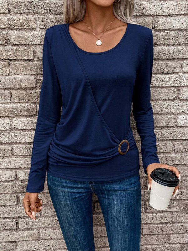 Round neck buckle pleated waist fashionable women's top