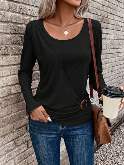 Round neck buckle pleated waist fashionable women's top