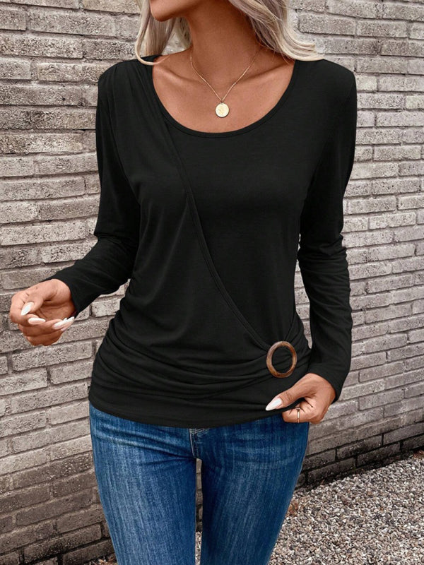 Round neck buckle pleated waist fashionable women's top