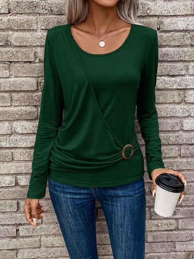 Round neck buckle pleated waist fashionable women's top