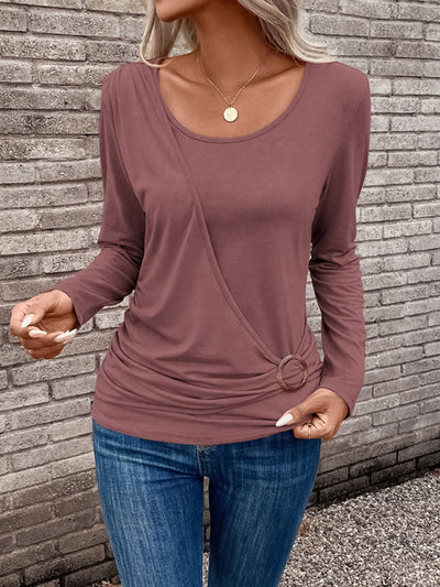 Round neck buckle pleated waist fashionable women's top