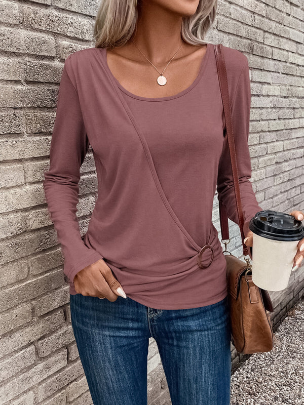 Round neck buckle pleated waist fashionable women's top