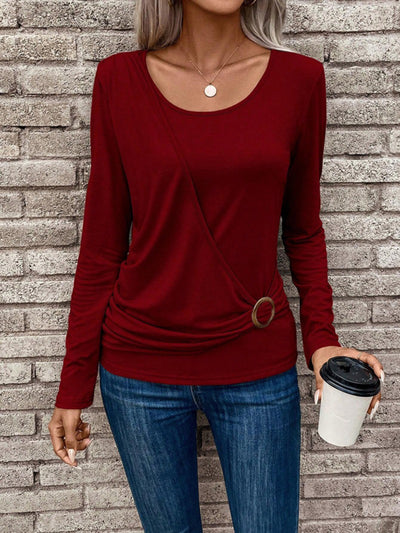 Round neck buckle pleated waist fashionable women's top