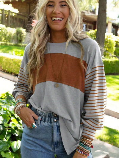 Pullover round neck casual striped contrast long-sleeved T-shirt