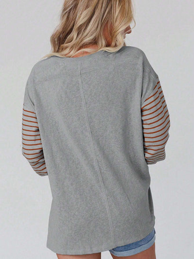 Pullover round neck casual striped contrast long-sleeved T-shirt