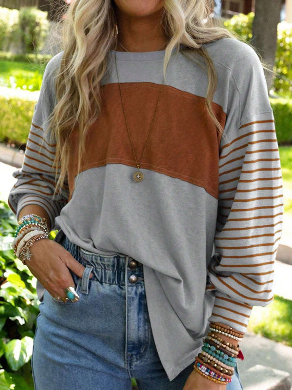 Pullover round neck casual striped contrast long-sleeved T-shirt