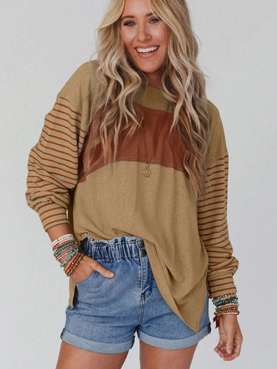 Pullover round neck casual striped contrast long-sleeved T-shirt