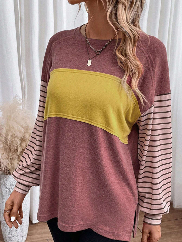 Pullover round neck casual striped contrast long-sleeved T-shirt