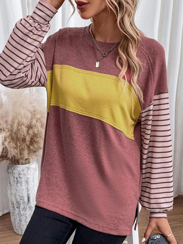 Pullover round neck casual striped contrast long-sleeved T-shirt