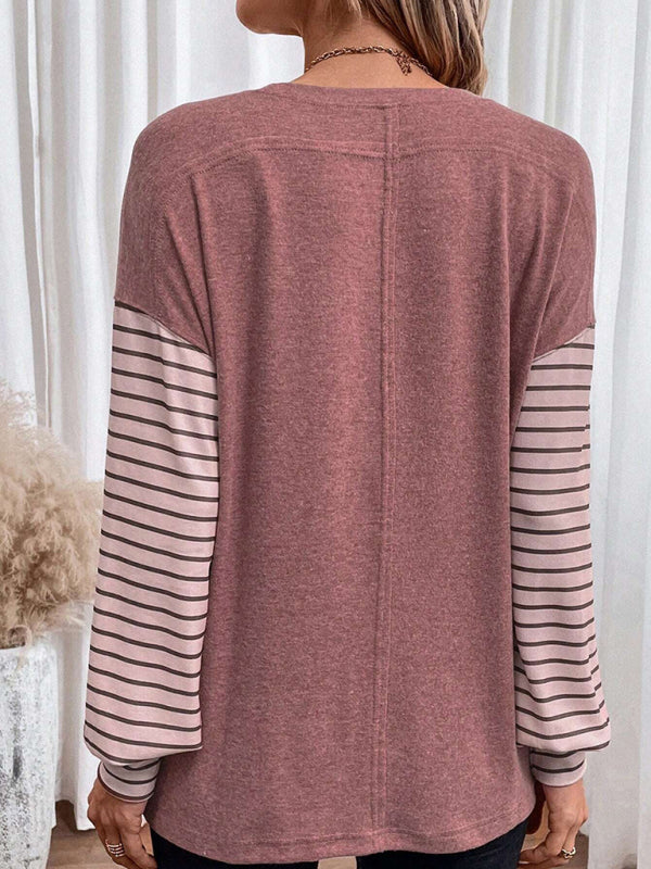 Pullover round neck casual striped contrast long-sleeved T-shirt