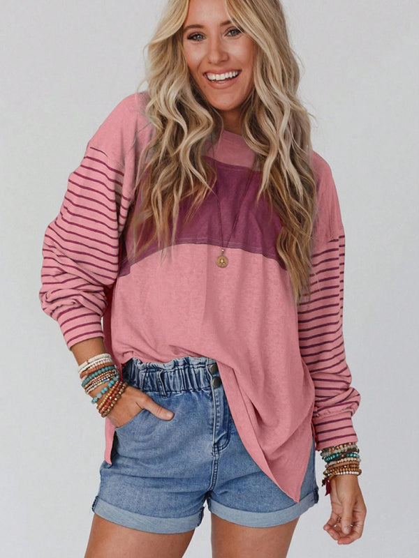 Pullover round neck casual striped contrast long-sleeved T-shirt