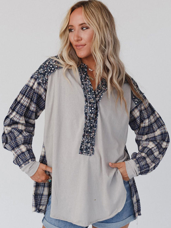 Women's round neck plaid printed loose long sleeve top