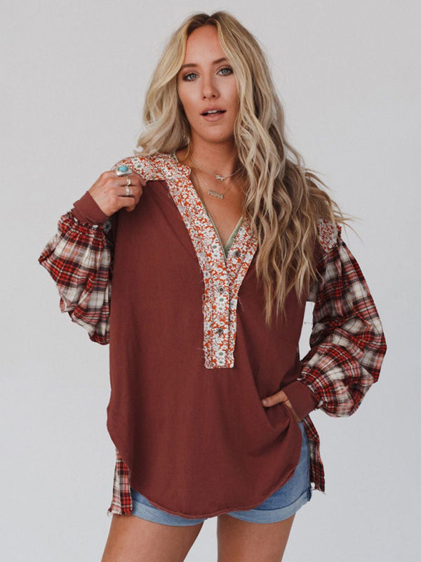 Women's round neck plaid printed loose long sleeve top