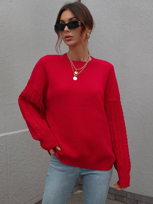 Women's Long Sleeve Thick Knitted Round Neck Twist Rope Top Sweater