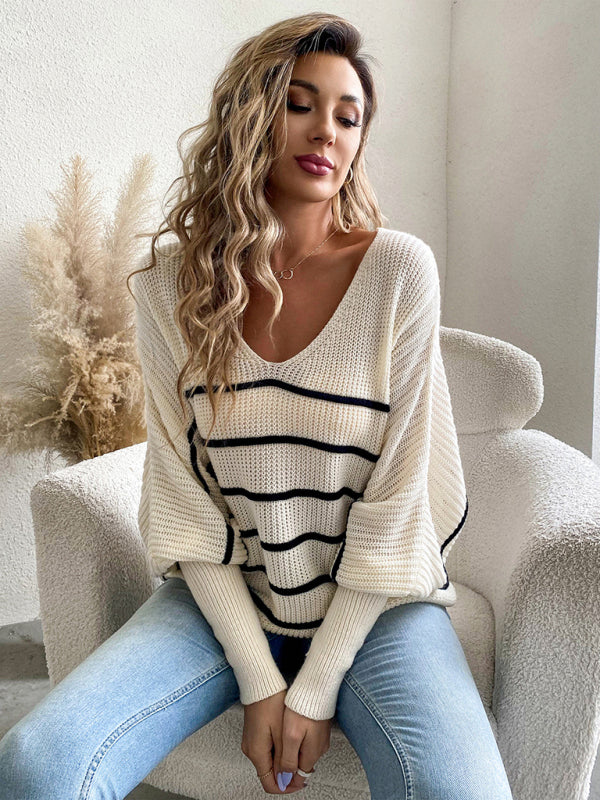 Women's new casual loose striped V-neck long-sleeved woolen top