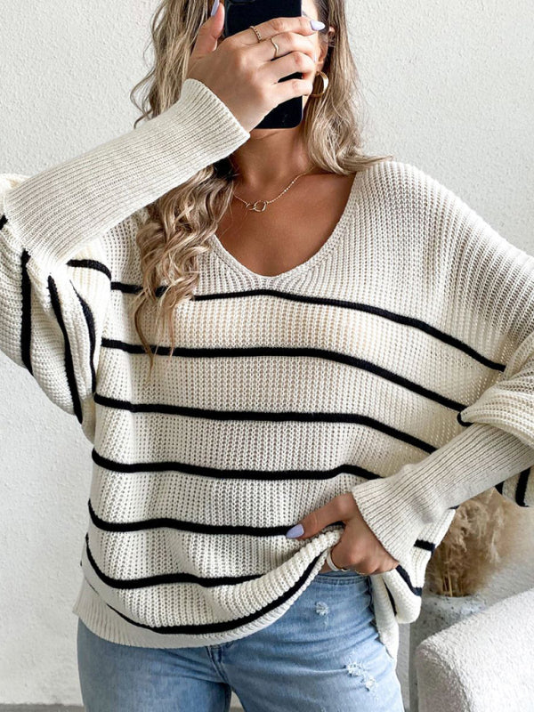 Women's new casual loose striped V-neck long-sleeved woolen top