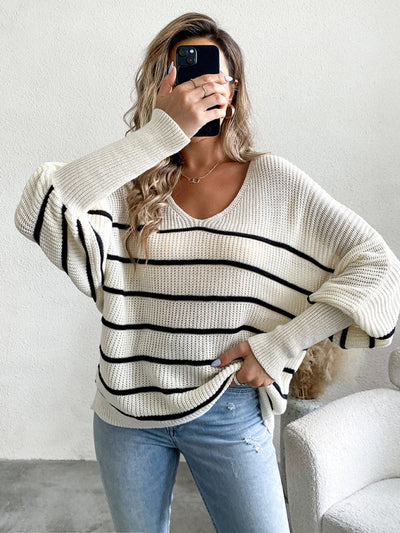 Women's new casual loose striped V-neck long-sleeved woolen top