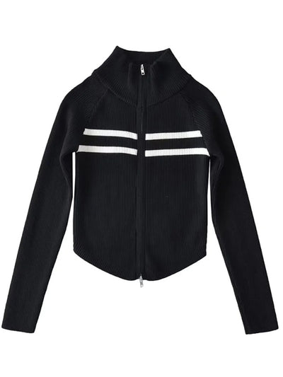 Women's new double-ended zipper striped waisted curved long-sleeved knitted cardigan jacket