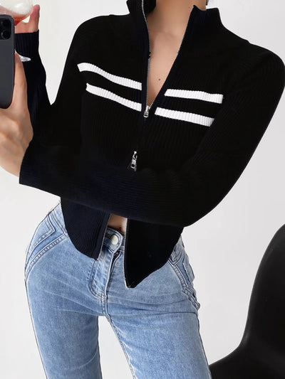 Women's new double-ended zipper striped waisted curved long-sleeved knitted cardigan jacket