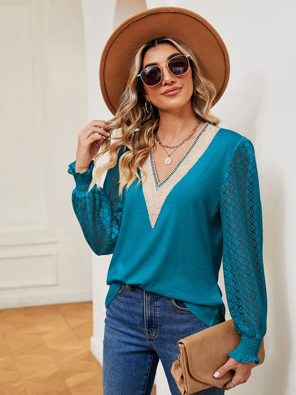 V-neck lace patchwork hollow long-sleeved loose top T-shirt