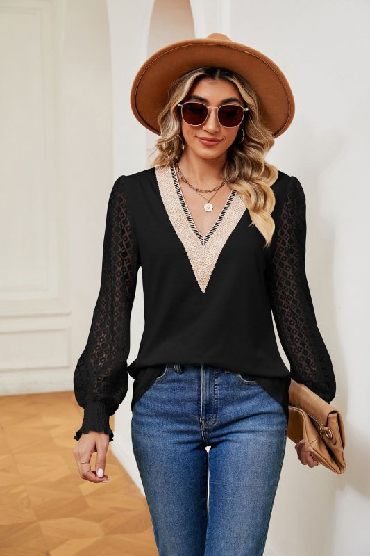 V-neck lace patchwork hollow long-sleeved loose top T-shirt