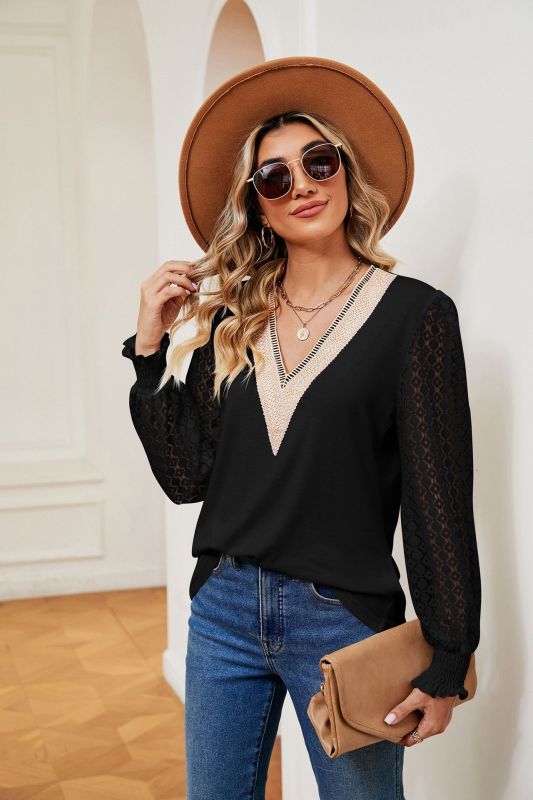 V-neck lace patchwork hollow long-sleeved loose top T-shirt