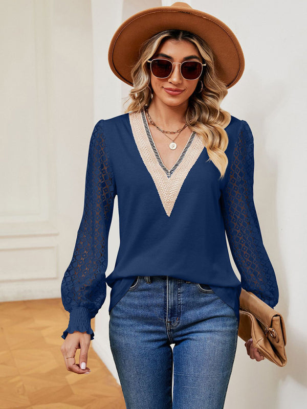 V-neck lace patchwork hollow long-sleeved loose top T-shirt